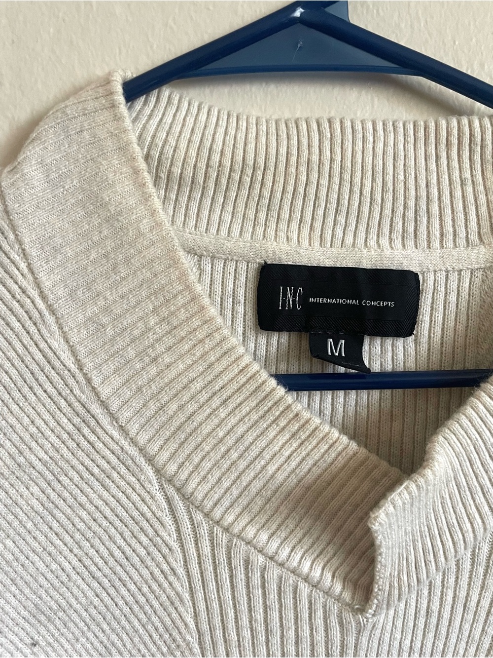 INC International Concepts Cream Ribbed Knit V-Neck Sweater Size M 100% Cotton - Picture 5 of 9